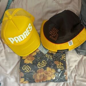 Padres yellow cap, bucket hat and aloha shirt bundle